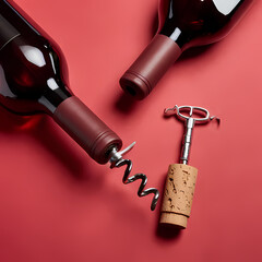 Red wine bottle and simple corkscrew.