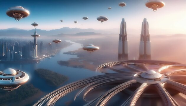 Futuristic cityscape featuring massive spiral towers and flying platforms over a serene river landscape