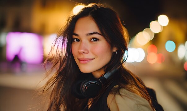 A beautiful young woman with delicate facial features, her face as the main focus of the image. She wears a gentle smile, with stylish headphones resting around her neck - Powered by Adobe