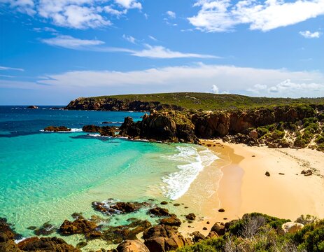 Coastal landscape with turquoise waters and sandy beach - Powered by Adobe