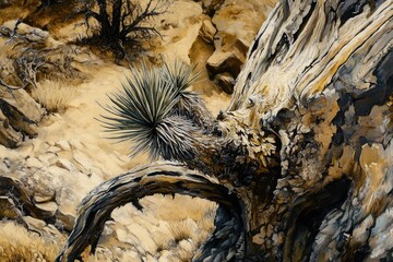 A weathered desert landscape featuring a gnarled tree trunk and a resilient yucca plant, showcasing the harsh beauty of the arid environment.