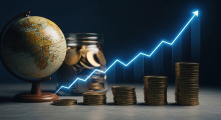 Global Investment Growth Strategy Depicted with Globe Coins and Chart Arrow
