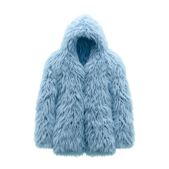 Fluffy light blue hooded faux fur jacket for winter fashion