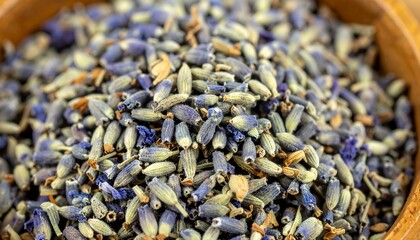Dried lavender buds in a wooden bowl
