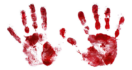 Set of two bloody handprints, isolated on transparent cutout background