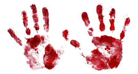 Set of two bloody handprints, isolated on transparent cutout background