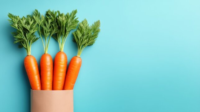 Freshly picked orange carrots vibrant and earthy nestled inside rustic brown paper bag set against serene azure blue background emphasizing natural simplicity and organic produce.