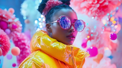 A stylish individual showcases vibrant fashion against a colorful backdrop. Bold glasses and a shiny jacket enhance the artistic flair in this captivating scene. Generative AI
