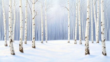 Fototapeta premium Tall white birch trees standing in a quiet snowy forest, branches dusted with fresh snow