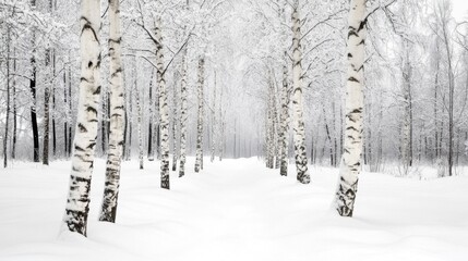 Tall white birch trees standing in a quiet snowy forest, branches dusted with fresh snow