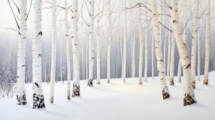 Tall white birch trees standing in a quiet snowy forest, branches dusted with fresh snow