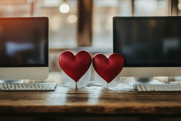 Two red heart decorations placed between computer screens on a wooden desk in a cozy workspace