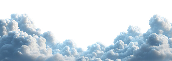 Horizontal border of fluffy white clouds, isolated on transparent cutout background