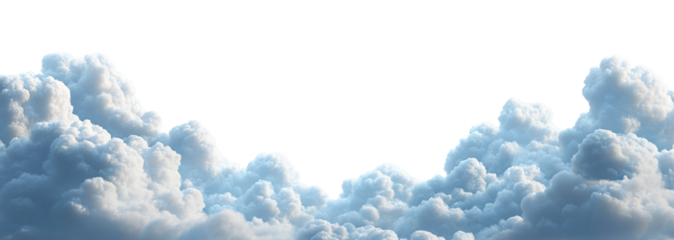 Horizontal border of fluffy white clouds, isolated on transparent cutout background