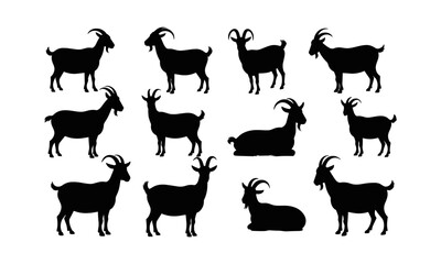 Goat silhouettes, farm animals, black vector goats, livestock illustration, horned goat poses, walking goats, standing goats, lying goat, animal clipart