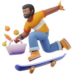 Man Character Healthy Active Lifestyle Groceries Skateboard 3D illustration
