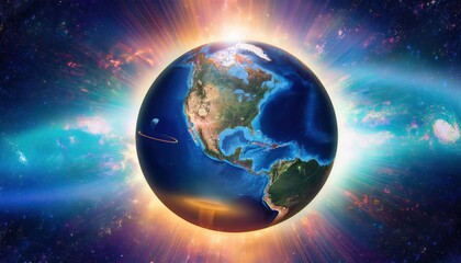 Fototapeta premium Cosmic view of Earth illuminated by vibrant energy, showcasing the planet's beauty and spiritual essence from deep space