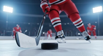Fototapeta premium Intense Ice Hockey Game Puck Focus with Players in Action