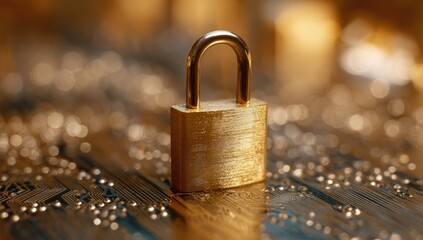 Golden padlock on circuit board