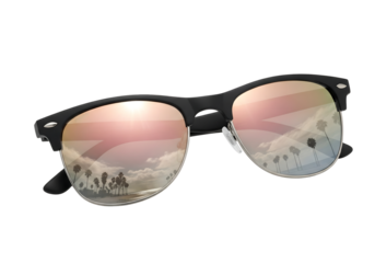 Catching the beach vibe with stylish sunglasses reflecting palms, sky, and summer vibes, perfect for travel blogs and vacation promotions, sunny days