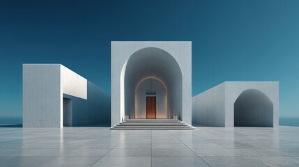 Modern minimalist architectural building featu large arched entrance and clean geometric shapes with smooth white surfaces against a blue sky background