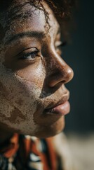 Young adult cisgender woman with dark skin and curly hair wears patterned clothing with sand on her face in a close-up portrait photography style