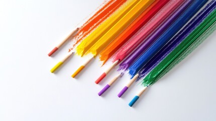 Fototapeta premium Top view of rainbow chalks creating a diagonal pattern on a smooth white background