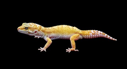 Leopard gecko isolated against black background side view close up