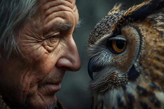 A senior man gazing eye to eye with an owl perched in front of him, symbolizing wisdom and encyclopedic knowledge, captured in a symbolic, expressive, and thoughtful portrait. AI-generated