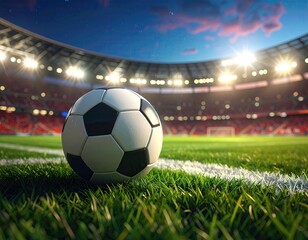 Soccer ball on field, illuminated stadium at twilight