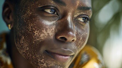 Dark skin adult cisgender woman with textured facial mask looks away thoughtfully with soft lighting in a natural outdoor setting