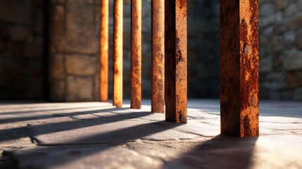Vertical bars of rusty metal, backlit with warm natural light, highlighting corrosion
