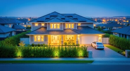 Naklejka premium Modern Suburban Home at Dusk with Solar Panels and Car