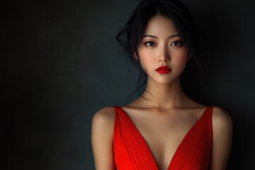 Fototapeta premium A young woman with dark hair and red lipstick poses in a red dress against a dark background.