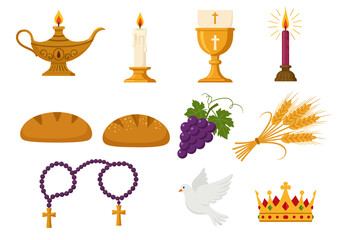Catholic symbols chalice rosary bread grapes wheat dove crown candles oil lamp on a white background
