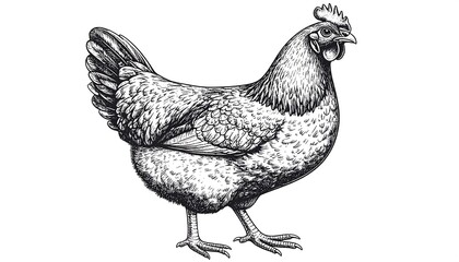Detailed ink drawing of a hen, in profile view, against a white background
