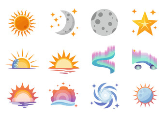 Collection of spacethemed icons including suns moons stars auroras and a vortex