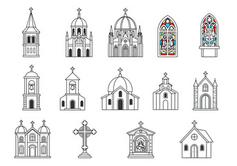 Collection of outlined architectural drawings of churches and related religious symbols