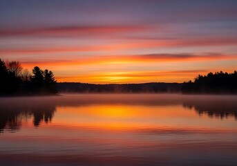 Obraz premium Vibrant sunset over calm lake with colorful sky reflection panorama