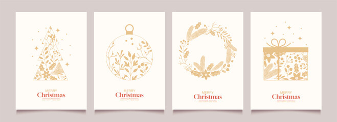 Abstract Christmas template backgrounds with minimalist winter plants, berries, branches and geometric shapes. Modern set of greeting cards, posters with vintage gold decorations. Vector illustration.