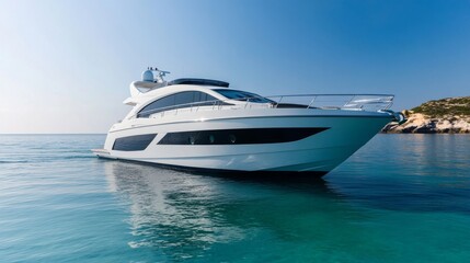 Fototapeta premium A luxurious white yacht floats serenely on crystal clear waters. Experience the elegance of boating on high seas. Ideal for vacations and leisure activities. Generative AI