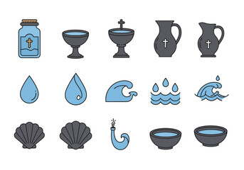 Icons depict Christian baptism symbols water droplets shells font and containers with crosses