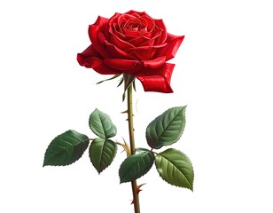 Single vibrant red rose with green leaves