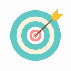 Pastel vector illustration of a target with an arrow hitting the bullseye. A flat style icon isolated on a white background, representing success