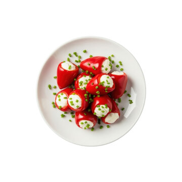 Red Peppadew peppers stuffed with creamy white cheese and green chives on a ceramic plate, isolated on a transparent background, top-down macro studio shot, no shadows, Concept for gourmet food