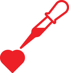 Red pipette or dropper administering a drop of liquid onto a heart symbol. Concept of love dose, medical treatment for the heart, science of romance, or a love potion.