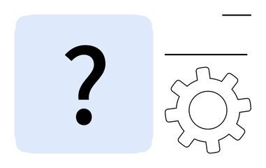 Black question mark inside blue box and outlined gear representing problem solving, innovation, process thinking, workflow, technical support, creativity, and systems management. Clean flat metaphor
