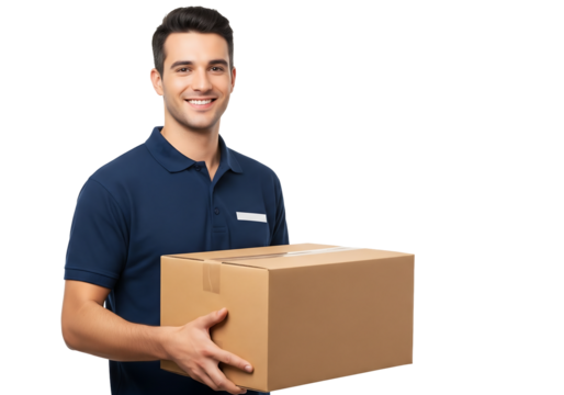 Friendly delivery man with a warm smile carrying a cardboard box, ready to deliver exceptional service with speed and reliability, perfect for logistics marketing