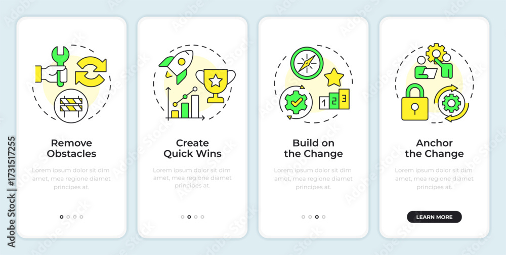 Wall mural kotter change management model onboarding mobile app screen. organization. walkthrough 4 steps edita