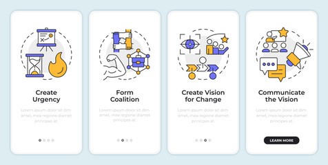 Kotter change management model onboarding mobile app screen. Corporate. Walkthrough 4 steps editable graphic instructions with linear concepts. UI, UX, GUI. Montserrat SemiBold, Regular fonts used